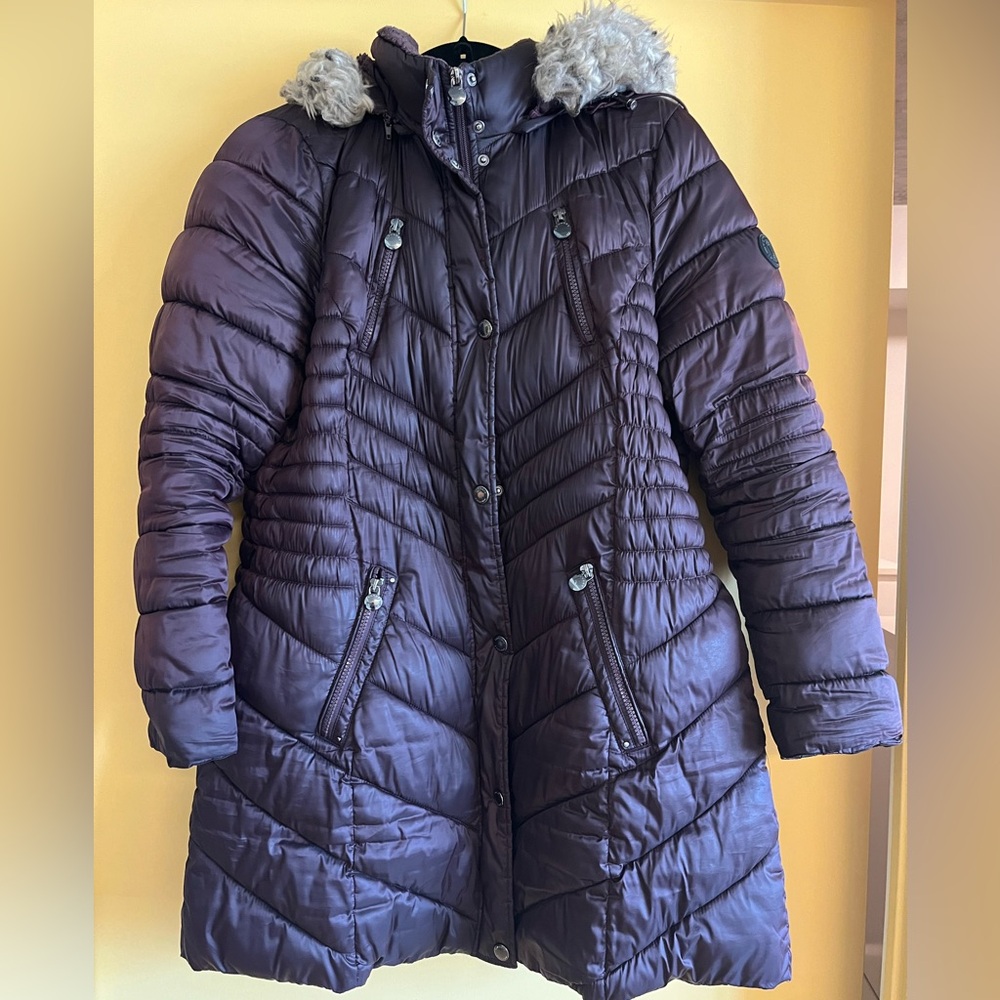 Laundry By Shelli Segal Deep Plum Quilted Puffer Coat with Faux Fur Trim
